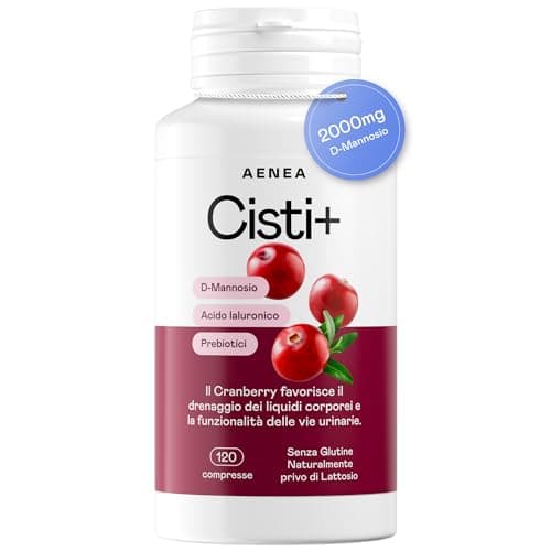 AENEA Cisti+, 120cps D-Mannosio Puro 2000mg + Mirtillo Rosso + Acido Ialuronico + Prebiotici - Integratore Cistite, Benessere delle Vie Urinarie - Cranberry Favorisce drenaggio liquidi corporei