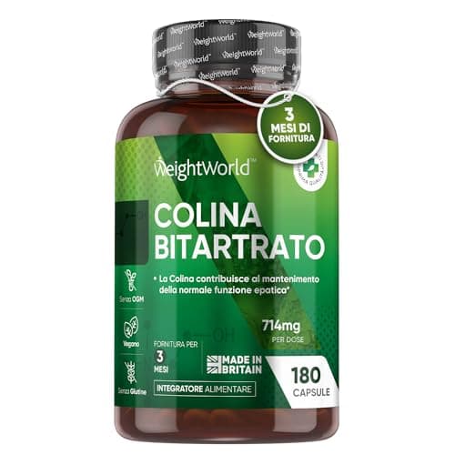 Colina Integratore 714mg, Colina Contribuisce al Mantenimento della Normale Funzione Epatica, Colina Bitartrato in 180 Capsule Vegan Alto Dosaggio (Scorta 3 Mesi), Integratore di Colina Senza Glutine