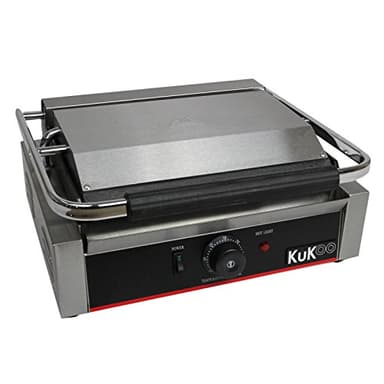 KuKoo - Piastra per Panini Professionale con Griglia Rigata e Liscia, 2200W, 50-300°C, Acciaio Inox e Griglia in Ghisa per Hamburger, Sandwich con Spazzola Gratis