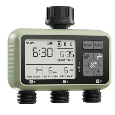 Diivoo Timer Irrigazione 3 Vie, Irrigatori da Giardino Automatico, Sistema di Irrigazione Automatico IPX5 con Ritardo della Pioggia e ModalitàAutomatica/Manuale per Prato, Cortile, Piscina