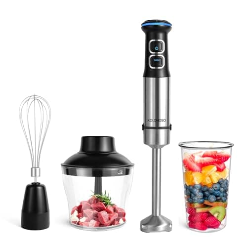 1500W Frullatore a Immersione, Kolohoso 4 in 1 Minipimer in Acciaio Inox, Multifunzione Mixer Immersione 21 Velocità Regolabili, Frullatore con Frusta, 800ml Misurino un 600ml Tritatutto, senza BPA