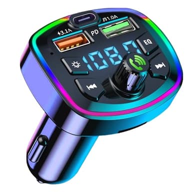 Trasmettitore FM Bluetooth 5.0 per Auto, MP3 Adattatore Audio Radio Wireless per 2 Porte USB e Type-C, Convertitore Bluetooth Auto Supporto Chiamata Vivavoce, TF Card, Disco U, Luce Ambientale