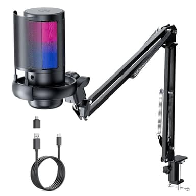 QIUOIO Microfono PC USB: Microfono Gaming con Asta Regolabile - Microfono Podcast Condensatore - Microfono Streaming para Mac PS4 PS5 - Microphone con Pulsante Di Silenziamento Filtro Anti-Pop