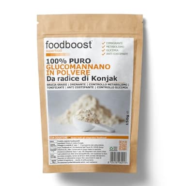 foodboost Glucomannano 100% puro in polvere da radice di Konjak 150 g - con dosatore - per dimagrimento, perdita di peso, controllo glicemia, stipsi, marchio di fiducia italiano - 150 DOSI