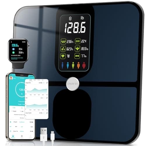 CHWARES Bilancia Pesapersone Digitale, Ampio Schermo Bilancia Pesapersone Ricaricabile, Analizzatore di Composizione Corporea con 15 Metriche, per BMI Frequenza Cardiaca, Max 400lb, Nero