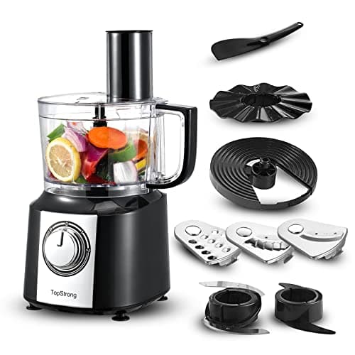 TopStrong, robot da cucina, 800 W, tritatutto, da 2 l, compatto, con 3 dischi per il taglio a fette, tritatutto, impastatore, frusta [Classe di efficienza energetic