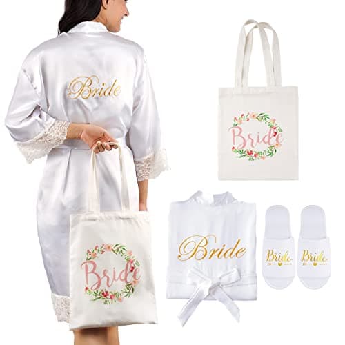 BETESSIN Vestaglia Sposa Donna in Raso Vestaglia Kimono Sposa Pigiama Donna Camicia da Notte per Nozze