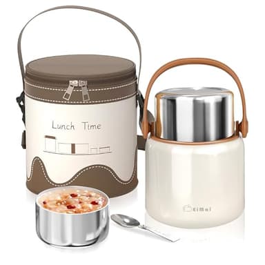 Euakee Contenitore Termico per Alimenti, 860ml Contenitore Termico per Alimenti di Acciaio Inossidabile con Cucchiaio Pieghevole, Isotermico Sottovuoto per Cibi Caldi e Freddi (Beige)