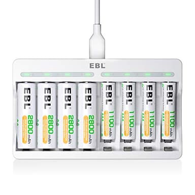 EBL 8 Slot Caricabatterie Indipendente per AA & AAA Batterie Ricaricabili, 9010 Caricatore con LED Indicatore + 4 pcs AA 2800mAh & 4 pezzi AAA 1100mAh
