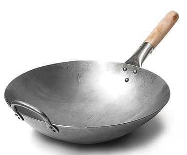 Craft Wok Wok Tradizionale in Acciaio al Carbonio Battuto a Mano con Manico in Legno e Acciaio (diametro 35,6 cm, Fondo Tondo)/731W88