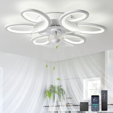 Fiore Ventilatore Da Soffitto Con Luce E Telecomando, Lampadario Ventilatore Silenzioso LED Dimmerabile , Plafoniera Con Ventilatore 6 Velocità DC Funzione Di Memoria Per Camera Da Letto, Bianco