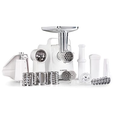 Klarstein Mighty Mince - Tritacarne Elettrico, Potenza da 500 a 1361 W, Tritacarne con Accessori per Insaccati, Kebbe e Salse, Trita Carne Multifunzionale, Passapomodoro, Bianco