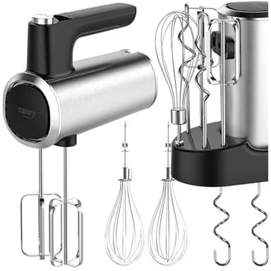 CAMRY Sbattitore elettrico con supporto per accessori – 5 velocità + funzione Turbo – 900W – 3 accessori in acciaio inox: ganci impastatori, fruste, frustino – Potente e versatile
