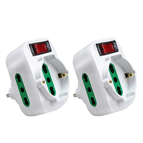 EXTRASTAR Adattatore Multipresa Tripla,con protezione sovraccarico ed interruttore,Adattatori da Schuko a Spina Piccola 10A,Spina Rotante,Bianco,Confezione da 2