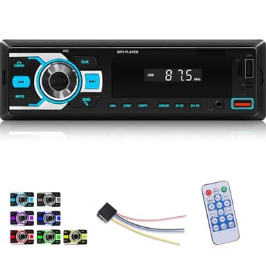 Autoradio 1 Din con Bluetooth5.1 - Stereo Auto con Radio FM, Controllo App, Controllo Vocale, Chiamate a Mani Libere, Ingresso USB/AUX/TF, Memoria di Spegnimento, 7 Colori di Luce + Telecomando