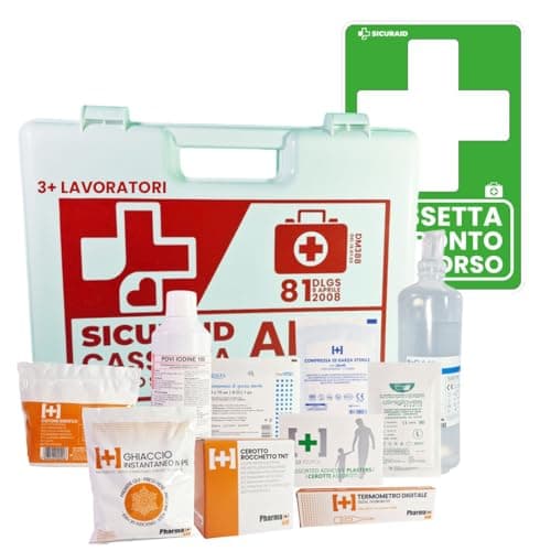 SICURAID Cassetta Pronto Soccorso All. 1 con Cartello Segnaletico – Kit Primo Soccorso Aziendale Conforme DM 388/2003 per Attività con 3 o più Lavoratori Valigetta Bianca Dispositivi MDR