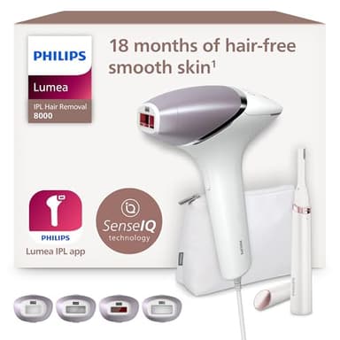 Philips Lumea 8000 Series, dispositivo di epilazione IPL, alternativa ai dispositivi di epilazione laser, con tecnologia SenseIQ, 4 accessori per corpo, rifinitore a penna Satin Compact, BRI949/00
