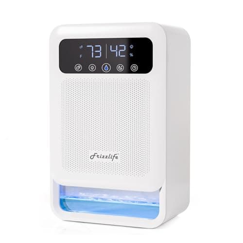 Frizzlife DH80 Deumidificatore con purificatore d'aria, serbatoio d'acqua da 130 once, piccoli deumidificatori silenziosi con modalità sleep per casa, camera da letto, bagno, cantina con spegnimento