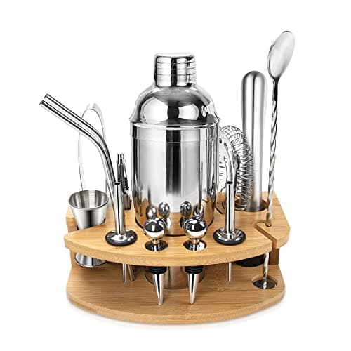 Cocktail Shaker Set, kit cocktail shaker 750ML Professionale 14 Pezzi in Acciaio Inox con Supporto in Legno, Kit aperitivo Cocktail Set per Bar, Party, Picnic, Celebrazione (14PCS)