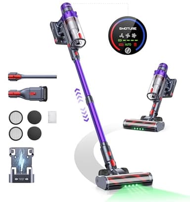 Aspirapolvere Senza Fili 550W/45KPa/60Mins, Scopa Elettrica Senza Fili Potente con Autoportante, Luce LED Verde e Ricarica a Parete, Aspirapolvere con Profumo per Pavimenti Tappeti Peli di Animalili