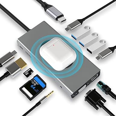 USB C HUB con Ricarica Wireless, 13 in 1, Docking Station con HDMI 4K, VGA, 2×USB 3.0, USB C 3.0 e 2.0, RJ45 Ethernet, PD 100 W, SD/TF e AUX da 3,5 mm, Compatibile con MacBook Pro e Altri Laptop