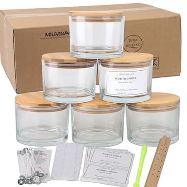MILIVIXAY Confezione da 6 barattoli per candele da 453,6 g con coperchio in bambù e kit per la creazione di candele, barattoli per candele con 3 stoppini, barattoli vuoti in vetro trasparente spesso