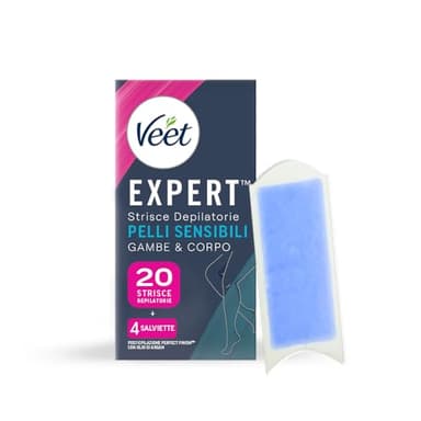 Veet Expert Strice Depilatorie Ceretta Gambe e Corpo per Pelli Sensibili con Olio di Mandorla, 20 Strisce (10x2 Strisce) + 4 Salviette Post-Epilazione con Olio D'Argan