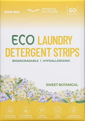 Proto Future Fogli di Detersivo Per Il Bucato Ecologico - (60 Lavaggi) Biodegradabili, Ipoallergenici, Zero Rifiuti, Senza Plastica - Nessun Enzima, Formula a Base di Piante (Botanico Dolce)