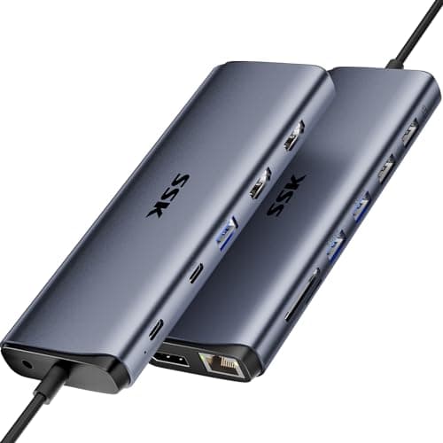 SSK Dock USB C 8K per Thunderbolt 4, Docking Station MacBook 3 monitor, Hub USB C da 10 Gbps, doppio HDMI, Displayport, Ethernet, PD da 100 W, microfono/audio, porta USB C&A 3.2 Gen 2