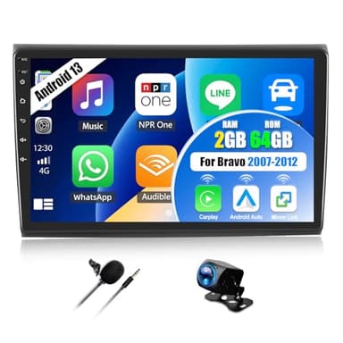 OiLiehu 2G+64G Android 13 Doppio Din Radio Android Auto Carplay per FIAT Bravo 2007-2012 Autoradio con Schermo 9 Pollici Autoradio con Mirror Link/EQ/Bluetooth/SWC/FM RDS/WiFi/GPS/Telecamera
