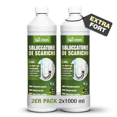 bio-chem - Disgorgante professionale per scarichi 2L - Disgorgante antiodore per scarichi - Manutenzione rapida degli scarichi estremamente efficace contro intasamenti e capelli
