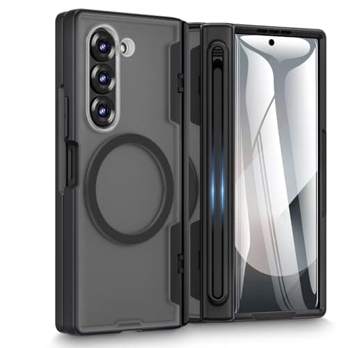 Doeshine Custodia per Samsung Z Fold 6 [2024], Cover Opaca Semitrasparente Antiurto con Slot S-Pen Integrato, [Pellicola Schermo 9H] Ricarica Magnetica e Protezione Cerniera Militare (Nero)