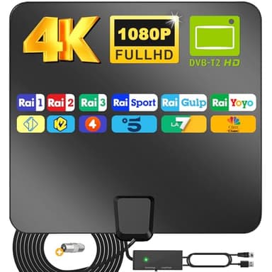 Yowrepu Antenna TV Interna, Antenna TV Digitale Terrestre per DVB-T2/4K/1080P/VHF/UHF, Antenna Amplificata Potente con 5m Cavo Coassiale, Antenna Portatile Da Interno per Uso Domestico/Aziendale- Nero