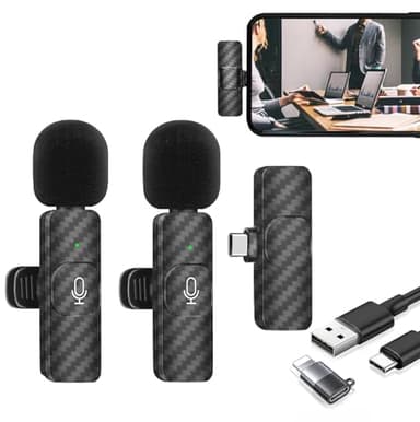 Microfono Wireless per iPhone/Android/Laptop, Microfono Lavalier Wireless Plug and Play, Microfono Professionale con Riduzione del Rumore per Youtube, TikTok, Vlog Registrazione Video - 2 Microfoni