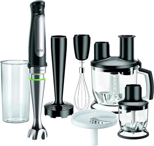 Braun Multiquick7 MQ7087X, Minipimer Frullatore ad Immersione, Dotato di Ciotola Robot da 1,5L, Disco Patatine, Frusta a Filo, Schiacciapatate, Minitritatutto 350ml, e Bicchiere
