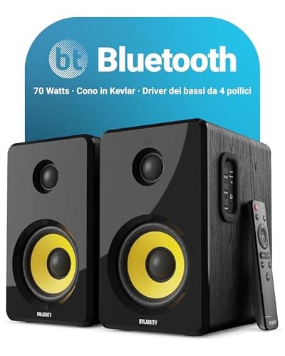 Majority 70W PC Bluetooth | Casse Monitor Studio | Amplificate Attive, Cono Dell'altoparlante Giallo in Kevlar e Cabinet in Legno | Ottico, RCA, USB e AUX D40X Audio Bluetooth