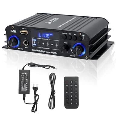 1200W Amplificatore Audio, Bluetooth 5.0 Amplificatore Max Auto 4.0 Canali, Amplificatore Stereo hifi 35W X 4 +Subwoofer attivo Uscita di picco con Lngresso USB/Scheda SD/ 110-240V a 12V