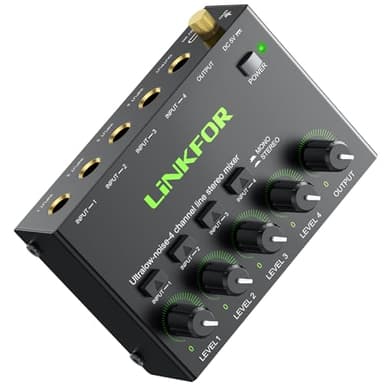 LiNKFOR Mixer Audio 4 Canali Stereo Multifunzionale 4 Channel Audio Mixer con Controllo Indipendente del Volume Audio Mixer 4 Canali per Piccolo Bar Microfoni Chitarre Bassi Tastiere e Mixer di Palco