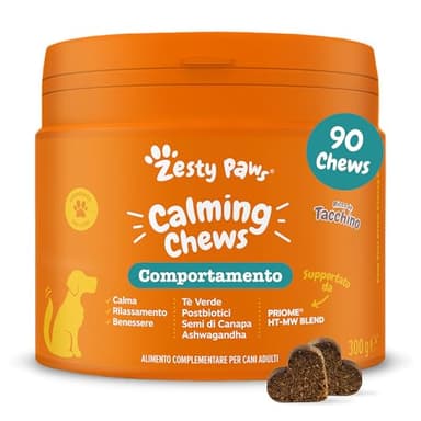 Zesty Paws calmante per cani | Integratore per cani | Ashwagandha, Tè Verde e L-Triptofano | Alimento Complementare per cani Adulti di tutte le taglie | Gusto Tacchino | 90 Pezzi