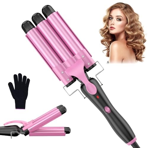 Ferro arricciacapelli 3 botti Beach Waves Ferro ondulato per capelli, 25 mm Piccoli riccioli Ferro arricciacapelli in ceramica Impostazione della temperatura Riscaldamento rapido con guanto, Rosa