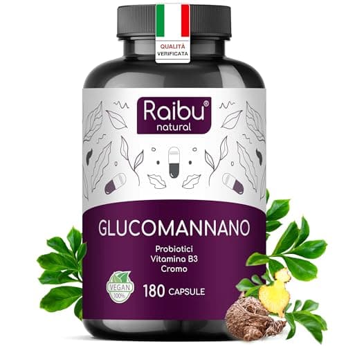 Glucomannano Forte 4100mg, 180 Capsule – Con Probiotici, Cromo e Vitamina B3 - Glucomannano capsule che favoriscono il Senso di Sazietà - Integratore Ad Alto Dosaggio, Alta viscosità, Raibu
