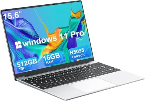 PC Portatile 16GB RAM DDR4 512GB SSD, 15.6" con Celeron N5095 Computer Portatile, Win11 Pro, angolo aperto di 180°, USB 3.0, Sblocco tramite impronta digitale della tastiera retroilluminata Laptop