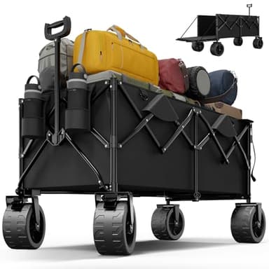 Devoko 260L Carrello da Spiaggia Pieghevole con Ruote per Tutti i Terreni Extra Larghe e Freno, Carrello Portatutto Resistente Caricabile fino a 150KG, Manico Regolabile & Tasche Laterali, Nero
