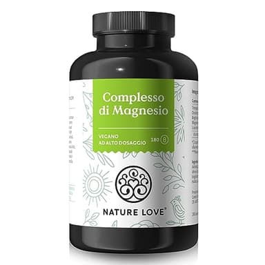 Complesso di magnesio NATURE LOVE® - 180 capsule - 400mg di magnesio elementare per dose giornaliera - magnesio in forma di citrato, ossido, bisglicinato, malato e ascorbato - Vegano, ad alto dosaggio