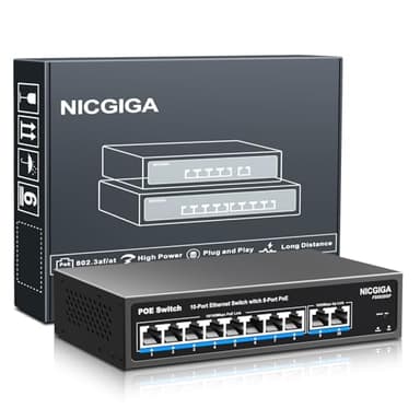Switch PoE a 8 porte con 8 porte 100 Mbps PoE+@120W + 2 porte uplink Gigabit, switch di rete NICGIGA 10 porte 802.3af/at Power Over Ethernet non gestito, VLAN e modalità extender 250m, senza ventola.