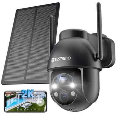 YESYAMO 2K Telecamera Wi-Fi Esterno Senza Fili con Pannello Solare, Videocamera Sorveglianza Esterno a Batteria, 360° PTZ, Visione Notturna A Colori, Audio Bidirezionale, Allarmi Pir, 2.4GHz, IP66