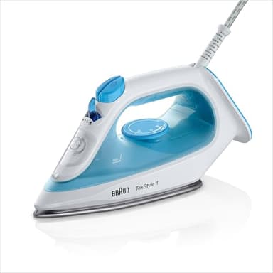 Braun TexStyle1 SI 1050BL Ferro da stiro a Vapore con 5 ANNI DI ASSISTENZA, Termostato, 25g/min in modalità Turbo, MODALITA' RISPARMIO ENERGETICO, Capacità Serbatoio 220ml, 2000W, celeste/bianco