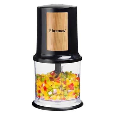 Bestron Tritatutto elettrico, tritatutto universale con due coltelli da taglio e capacità 500 ml, grande pulsante a pulsante, 400 Watt, collezione Black & Wood, colore: nero/legno