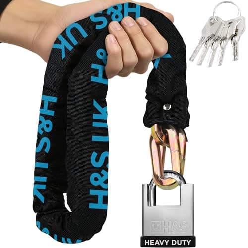 H&S Lucchetto e Catena per Bici - Catena Moto Antifurto - Catenaccio per Motorino Scooter Bicicletta Elettrica - Catena da 10 mm x 1,2 m - Lucchetto con 5 Chiavi