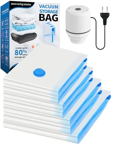 Sacchetti Sottovuoto Vestiti con Pompa Elettrica, 7 Pezzi Buste Sottovuoto Vestiti - 1 jumbo, 2 grandi, 2 medi, 2 piccoli per Coperte, Piumino, Cuscini, Trapunte, Viaggi, Traslochi